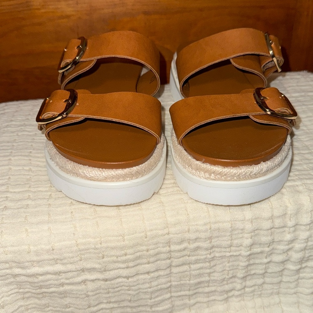 Mythiccal Slip-On Buckled Banded Platform Raffia Sandals